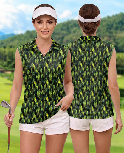 Pine Tree Pattern Sleeveless Polo Shirt for Women – Nature Outdoor Style | Netecom