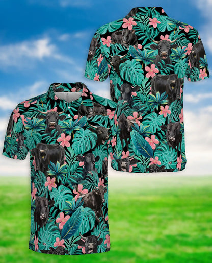Black Cow Tropical Floral 3D Polo Shirt for Men – Hawaiian Farm Animal Style | Netecom
