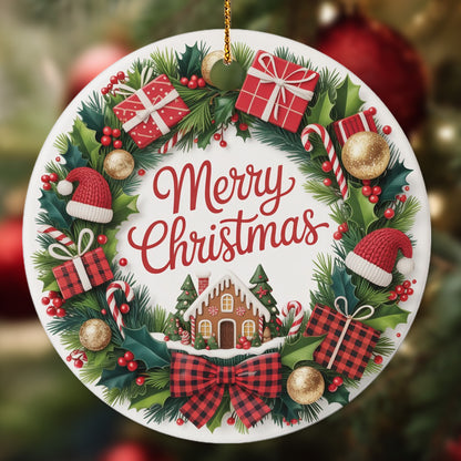 Netecom Merry Christmas Ornament, Christmas Wreath with Gifts and Gingerbread House Ceramic Ornament for Xmas Tree Hanging Decorations Gift, Home Decor, Holiday Party Present