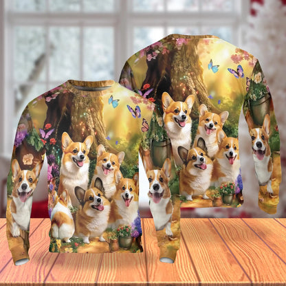Fairy Corgi Flower Sweatshirt, 3D All Over Print Fantasy Floral Dog Crewneck Pullover for Men Women, Corgi Lover Gift - Netecom