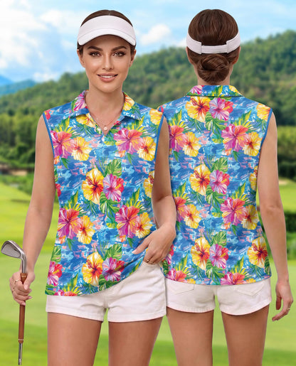 Hibiscus Seas Blue Sleeveless Polo Shirt for Women | Netecom