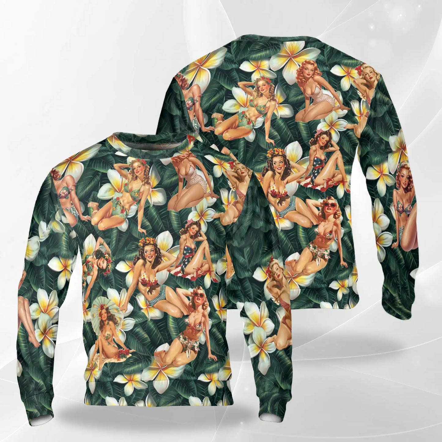 Retro Pin Up Girl Sweatshirt, 3D All Over Print Dark Green Tropical Crewneck Pullover for Men Women, Vintage Pin Up Gift - Netecom
