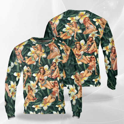 Retro Pin Up Girl Sweatshirt, 3D All Over Print Dark Green Tropical Crewneck Pullover for Men Women, Vintage Pin Up Gift - Netecom