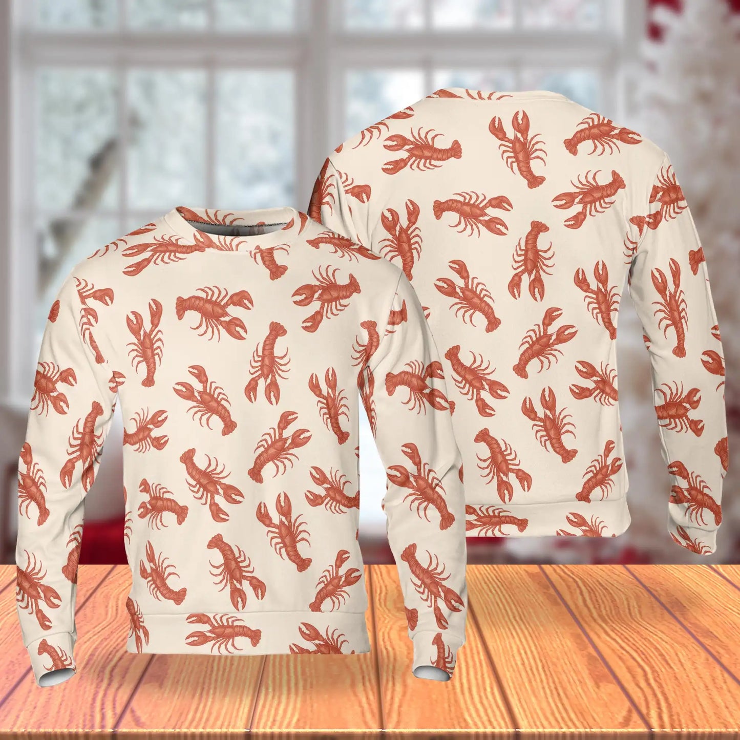 Lobster Pattern Sweatshirt, 3D All Over Print Coastal Seafood Crewneck Pullover for Men Women, Lobster Lover Gift - Netecom