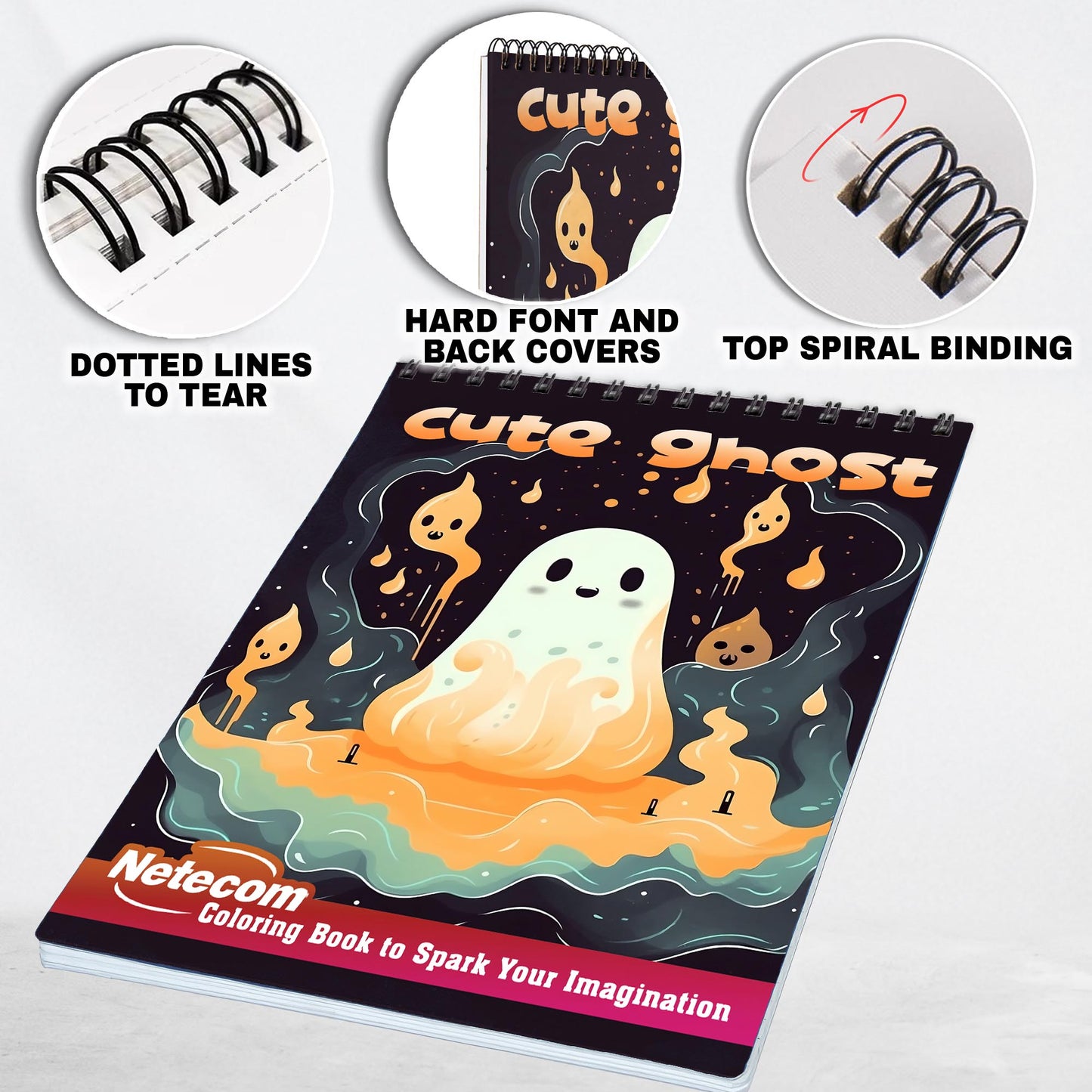 Cute Ghost Spiral Bound Coloring Book, Embrace the Adorable with 30 Coloring Pages, Depicting Cute Ghosts in Whimsical Scenes