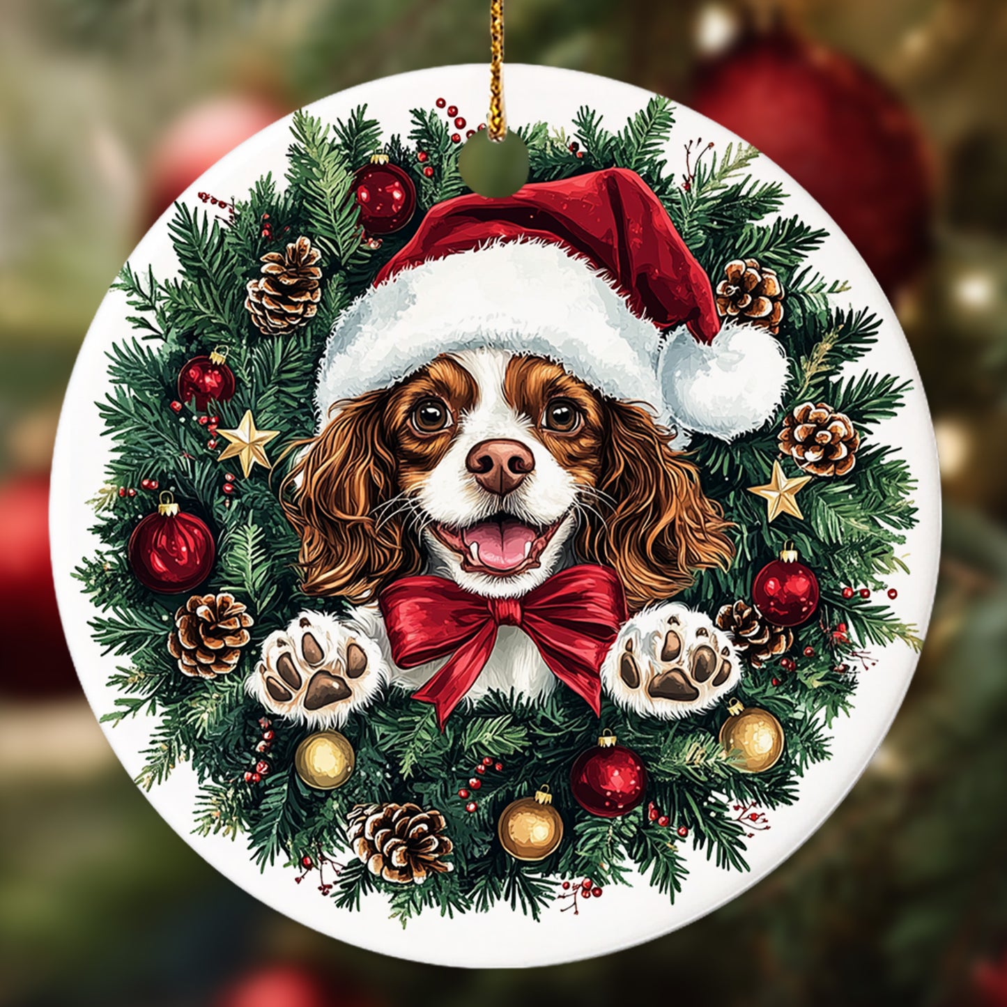 Netecom Cute Cavalier King Charles Spaniel Christmas Ornament, Puppy Ceramic Ornament for Xmas Tree Hanging Decorations Gift, Dog Lover Gifts, Holiday Party Present