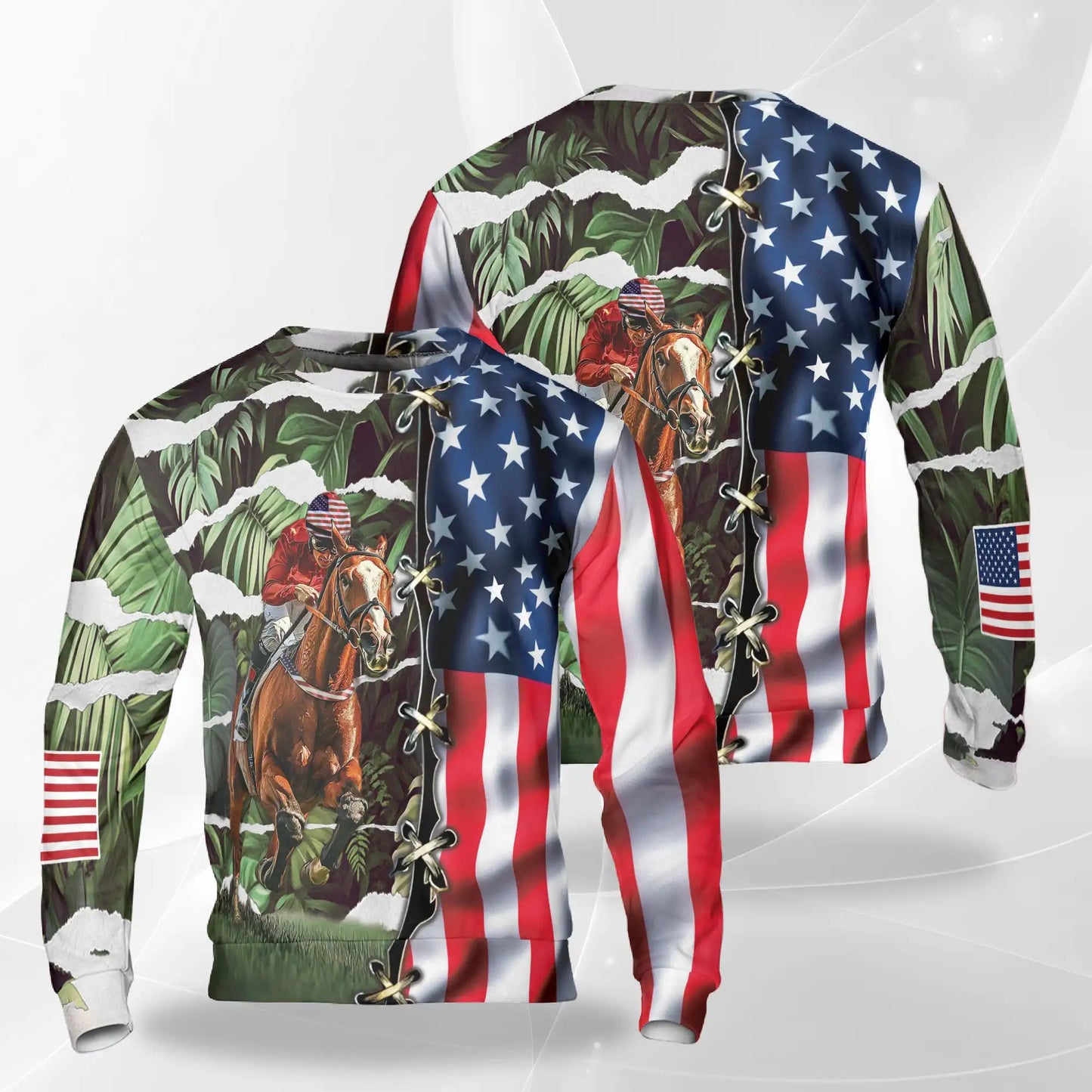 Horse Racing Tropical Leaves Sweatshirt, 3D All Over Print Equestrian Tropical Crewneck Pullover for Men Women, Horse Racing Lover Gift - Netecom