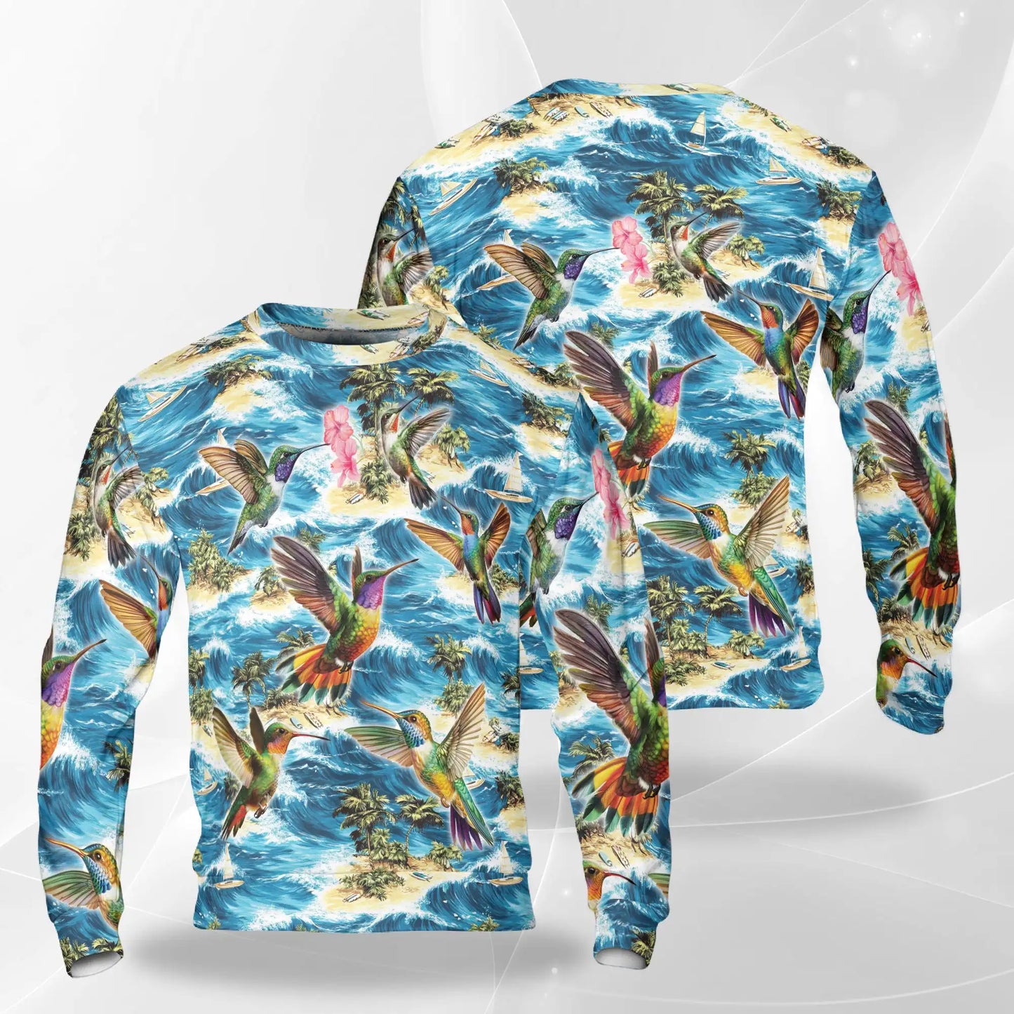 Tropical Beach Waves Hummingbird Sweatshirt, 3D All Over Print Ocean Floral Crewneck Pullover for Men Women, Hummingbird Lover Gift - Netecom