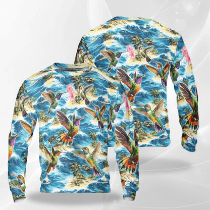 Tropical Beach Waves Hummingbird Sweatshirt, 3D All Over Print Ocean Floral Crewneck Pullover for Men Women, Hummingbird Lover Gift - Netecom