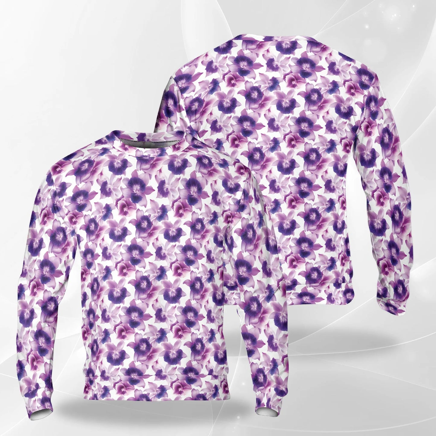 Purple Orchid Flower Pattern Sweatshirt, 3D All Over Print Elegant Floral Botanical Crewneck Pullover for Men Women, Orchid Lover Gift - Netecom