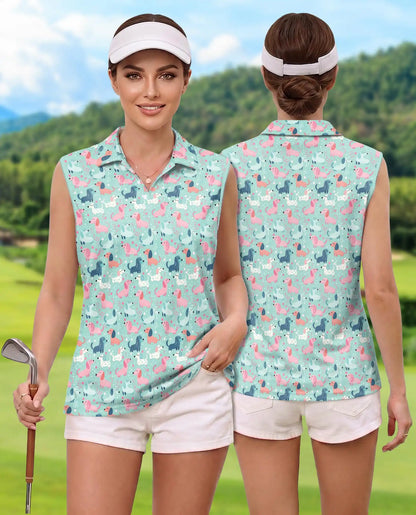 Dachshund Print Sleeveless Polo Shirt for Women – Cute Dog Lover Style | Netecom