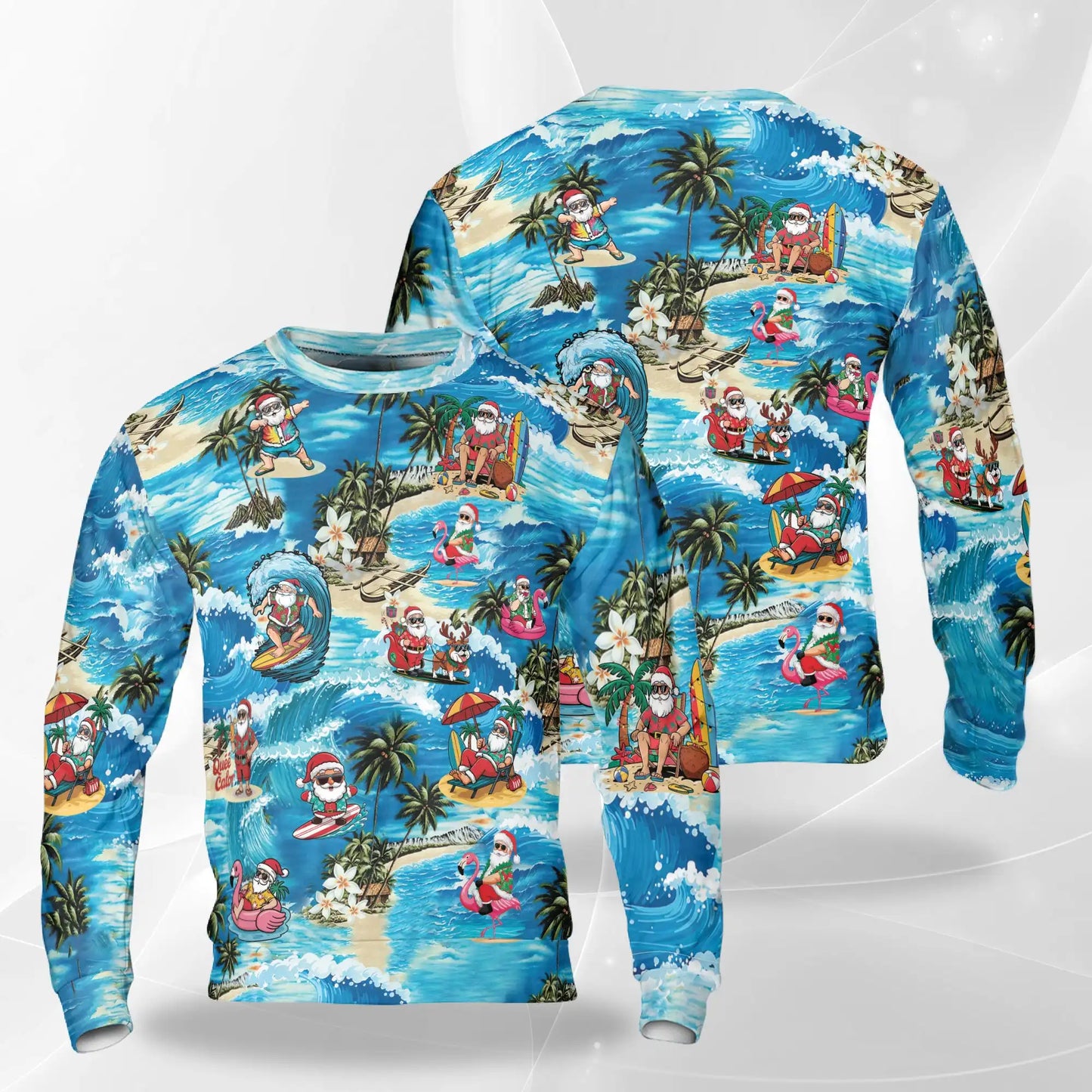Funny Santa Surfing Dolphin Sweatshirt, 3D All Over Print Christmas Tropical Crewneck Pullover for Men Women, Santa Holiday Gift - Netecom