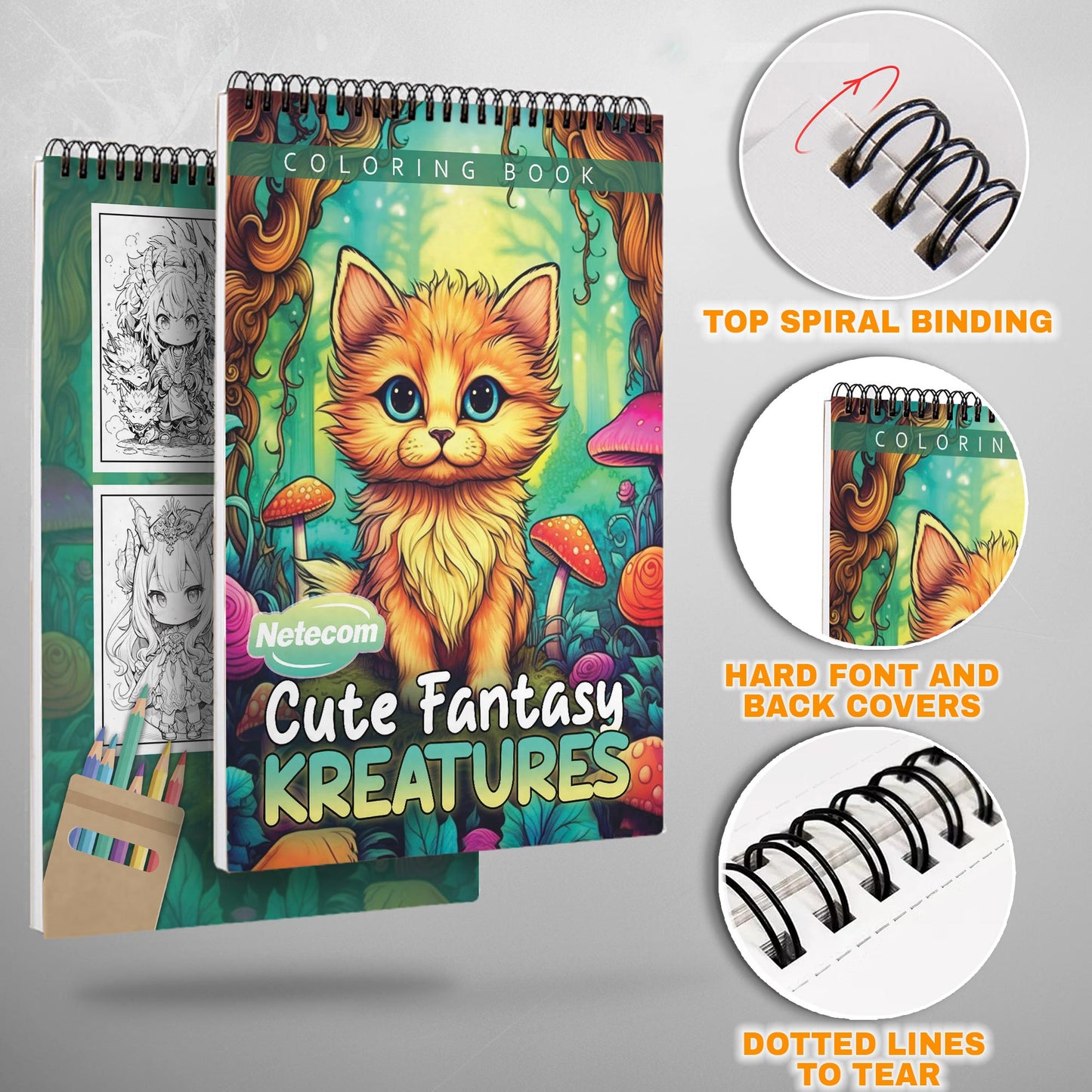 Cute Fantasy Kreatures Spiral Bound Coloring Book, Whimsical Fantasy Creatures for a Charming and Playful Art Adventure, Great for Young Artists