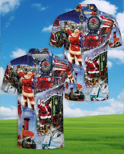 Santa Christmas Train 3D Polo Shirt for Men – Vintage Holiday Railway Style | Netecom