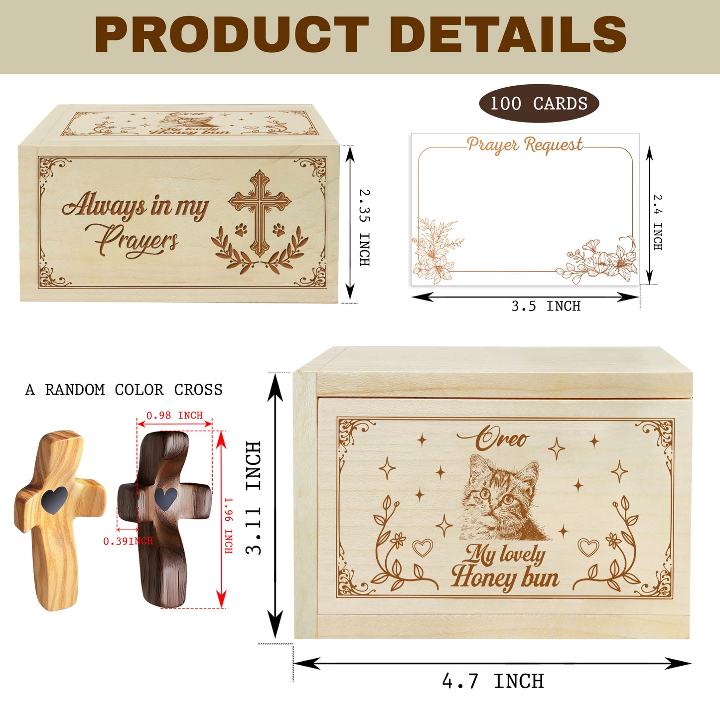 Netecom Personalized Cat Memorial Prayer Box with Custom Name & Year, 100 Prayer Request Cards & Wooden Cross – Christian Remembrance Keepsake for Cat Loss