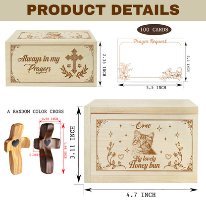 Netecom Personalized Cat Memorial Prayer Box with Custom Name & Year, 100 Prayer Request Cards & Wooden Cross – Christian Remembrance Keepsake for Cat Loss
