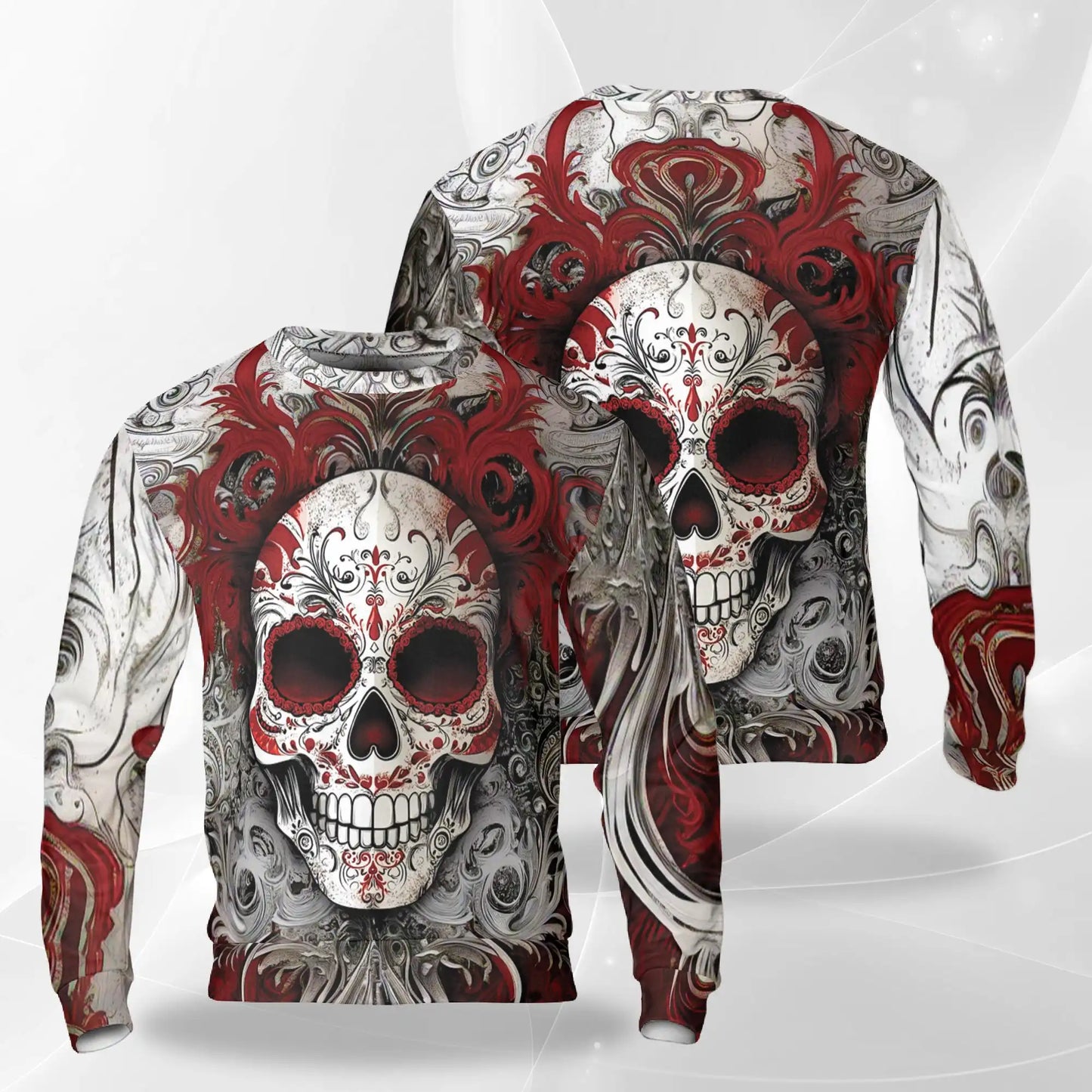 Floral Sugar Skull Sweatshirt, 3D All Over Print Red Day of the Dead Crewneck Pullover for Men Women, Sugar Skull Lover Gift - Netecom