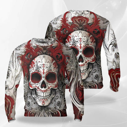 Floral Sugar Skull Sweatshirt, 3D All Over Print Red Day of the Dead Crewneck Pullover for Men Women, Sugar Skull Lover Gift - Netecom