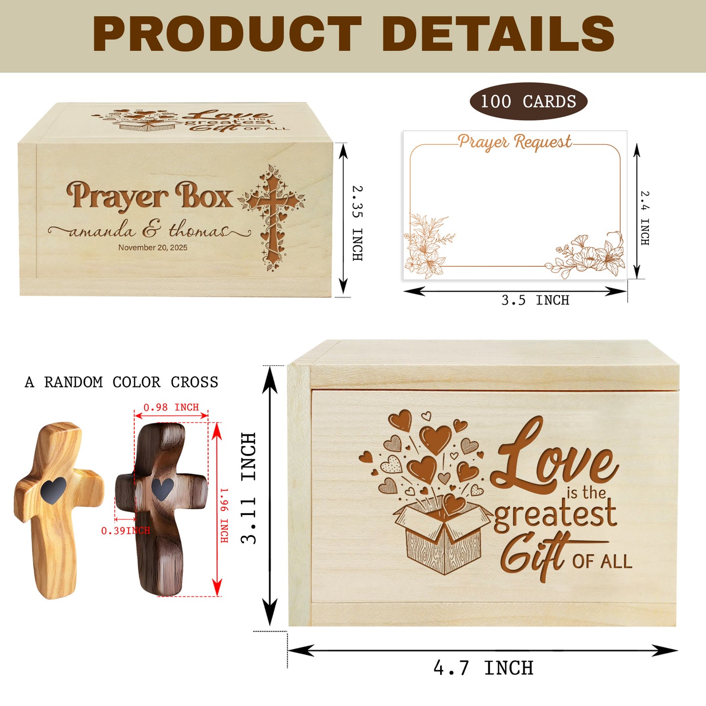 Netecom Personalized Couple Prayer Box with 100 Prayer Request Cards & Wooden Cross – Christian Valentine Gift, Custom Names and Anniversary Date