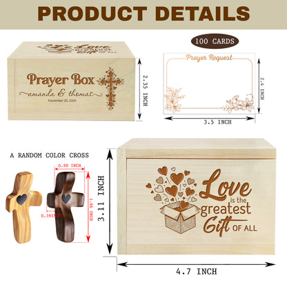 Netecom Personalized Couple Prayer Box with 100 Prayer Request Cards & Wooden Cross – Christian Valentine Gift, Custom Names and Anniversary Date