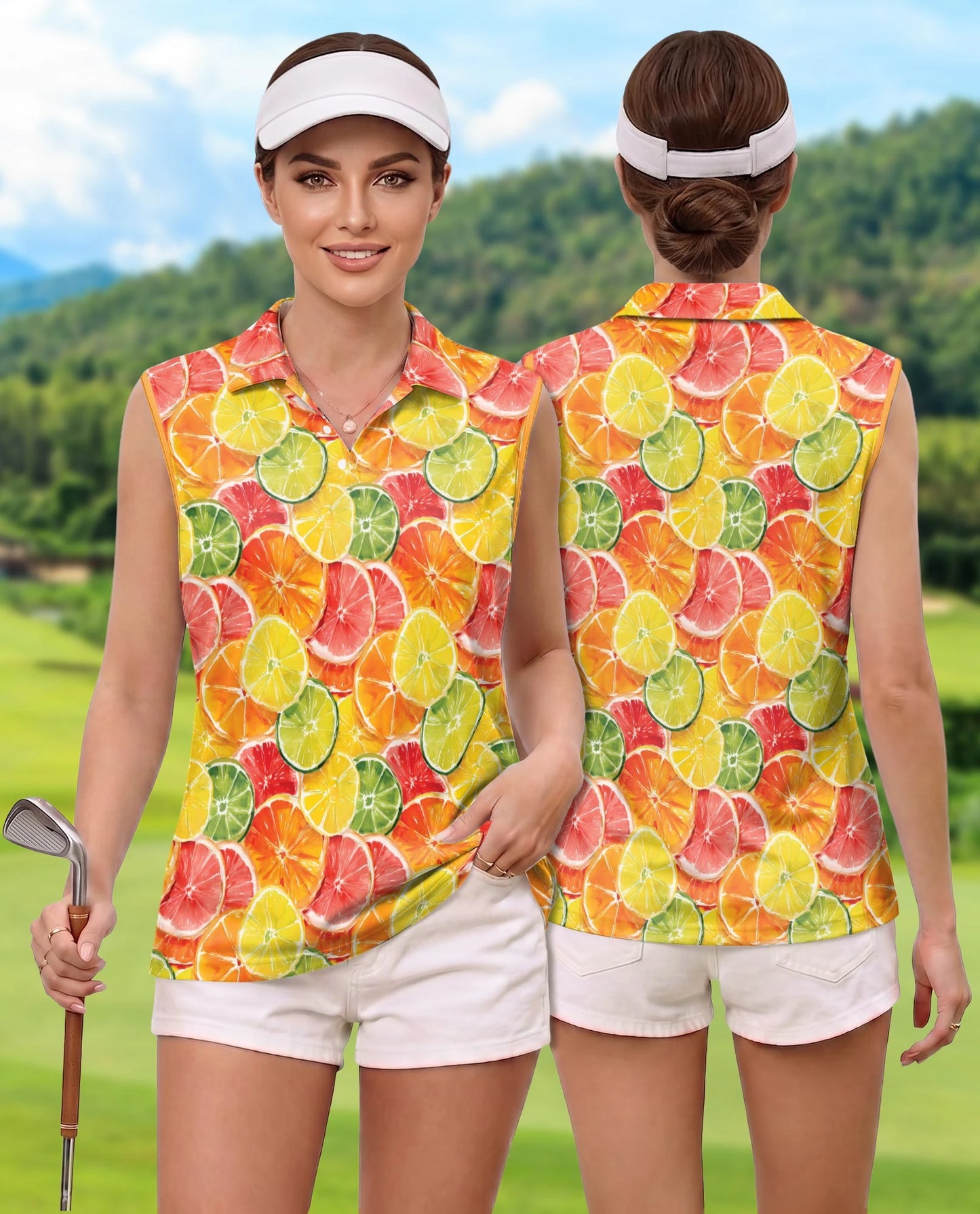 Citrus Fruits Pattern Sleeveless Polo Shirt for Women – Fresh Summer Style | Netecom