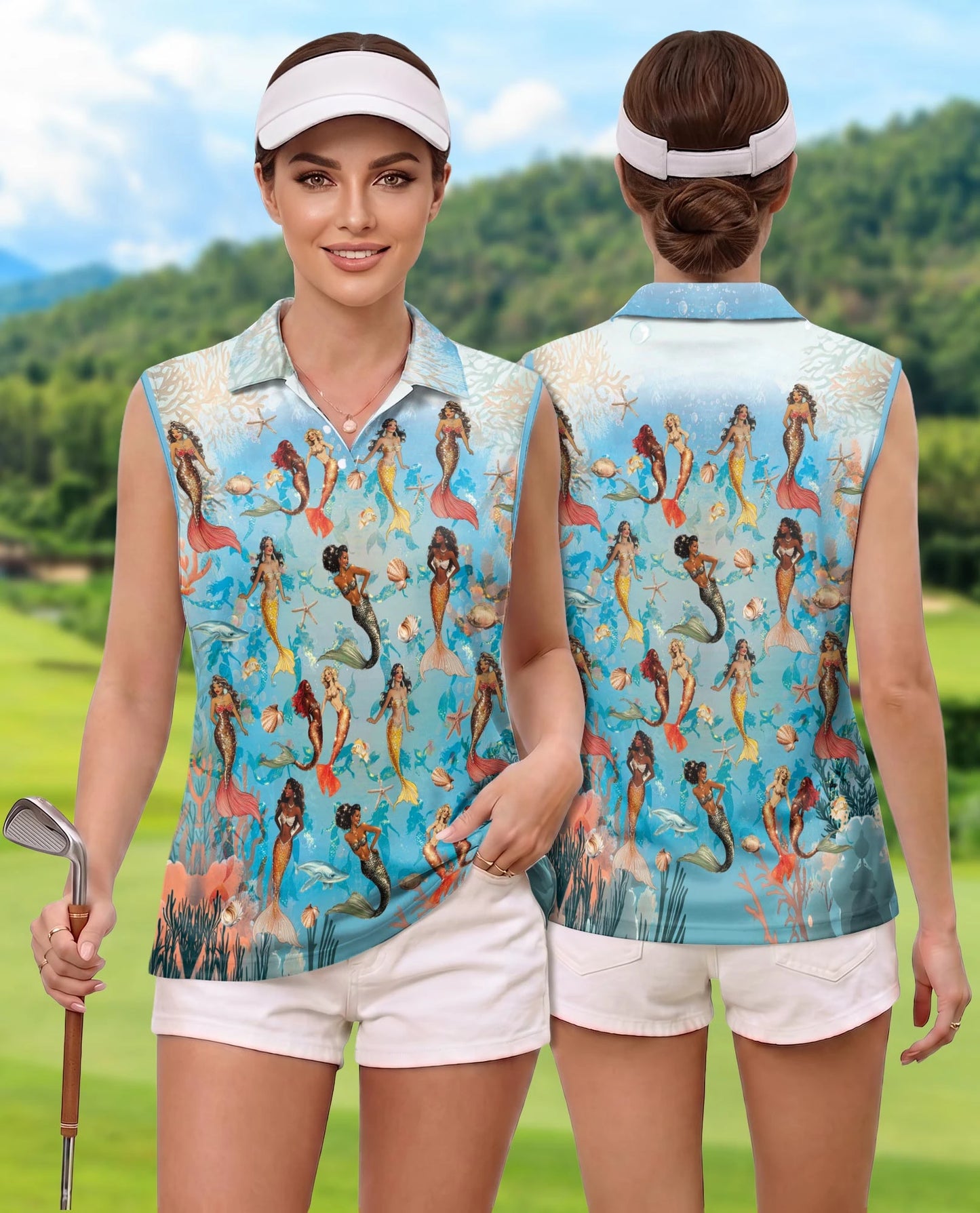 Mermaid Sea Horse Coral Reef Sleeveless Polo Shirt for Women | Netecom