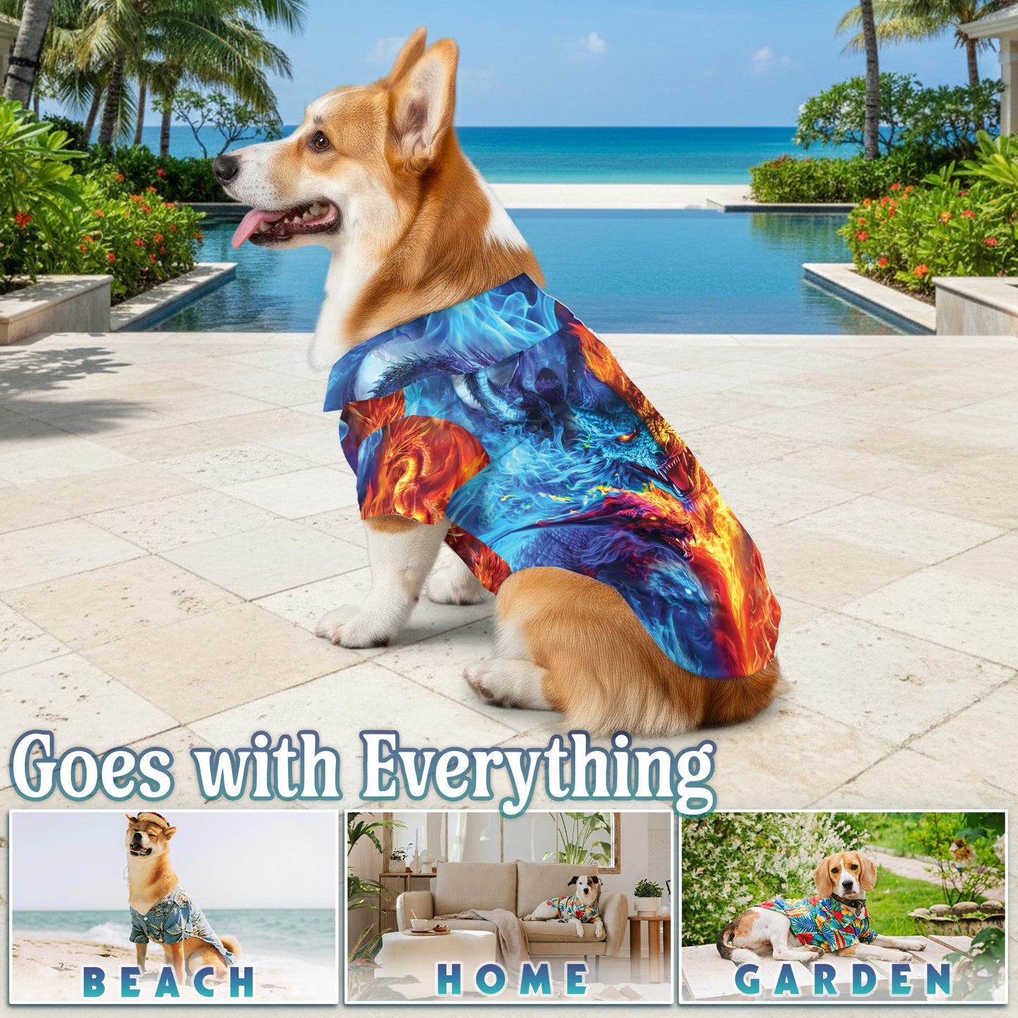 Netecom Matching Fire Dragon Aloha Hawaiian Shirt for Dog and Owner, Aloha Summer Shirt, Dragon Print Outfit for Pet and Human, Beach Vacation Casual Wear