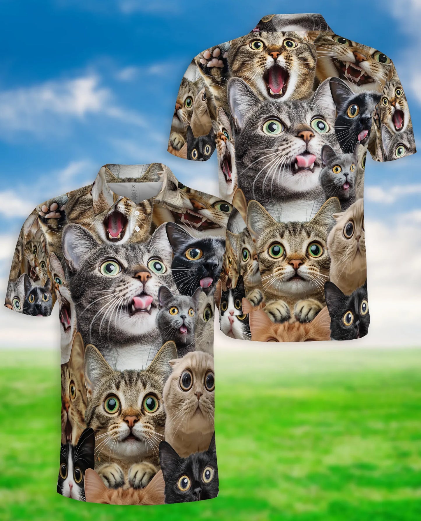 Funny Cat Faces 3D Polo Shirt for Men – Cute Kitty Meme Style | Netecom