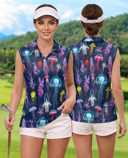 Luminescent Jellyfish Sleeveless Polo Shirt for Women – Ocean Glow Style | Netecom