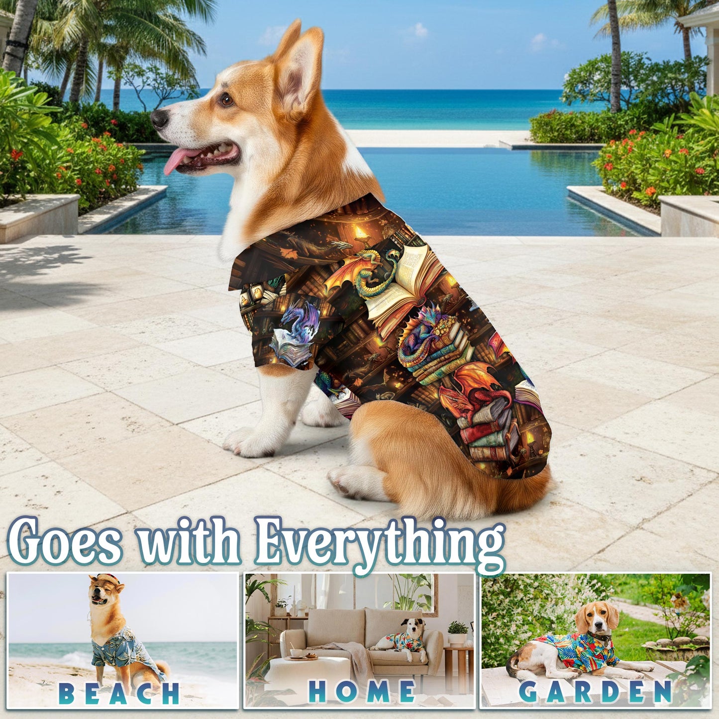 Netecom Matching Dragon Book Hawaiian Shirt for Dog and Owner, Aloha Summer Shirt, Dragon Reading Print Outfit for Pet and Human, Beach Vacation Casual Wear
