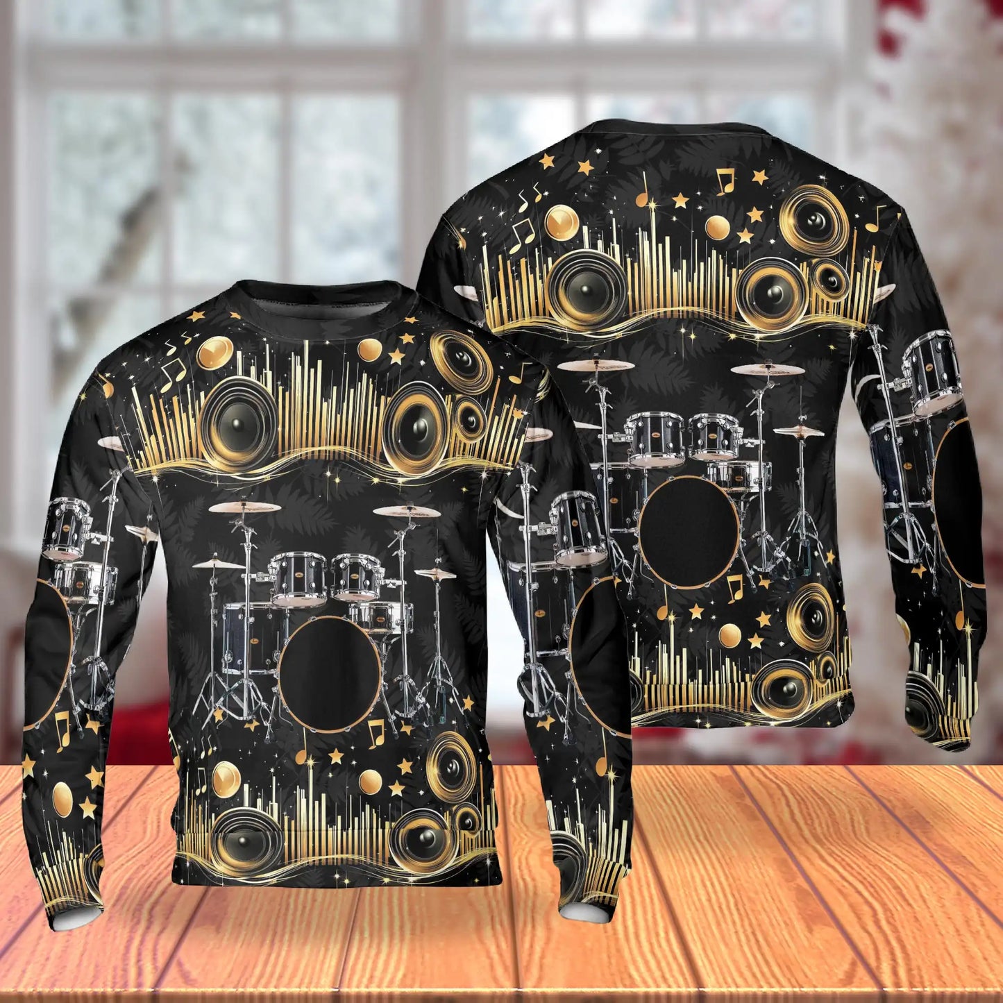 Drum Kit Musical Note Gold Sweatshirt, 3D All Over Print Music Drummer Crewneck Pullover for Men Women, Drummer Lover Gift - Netecom