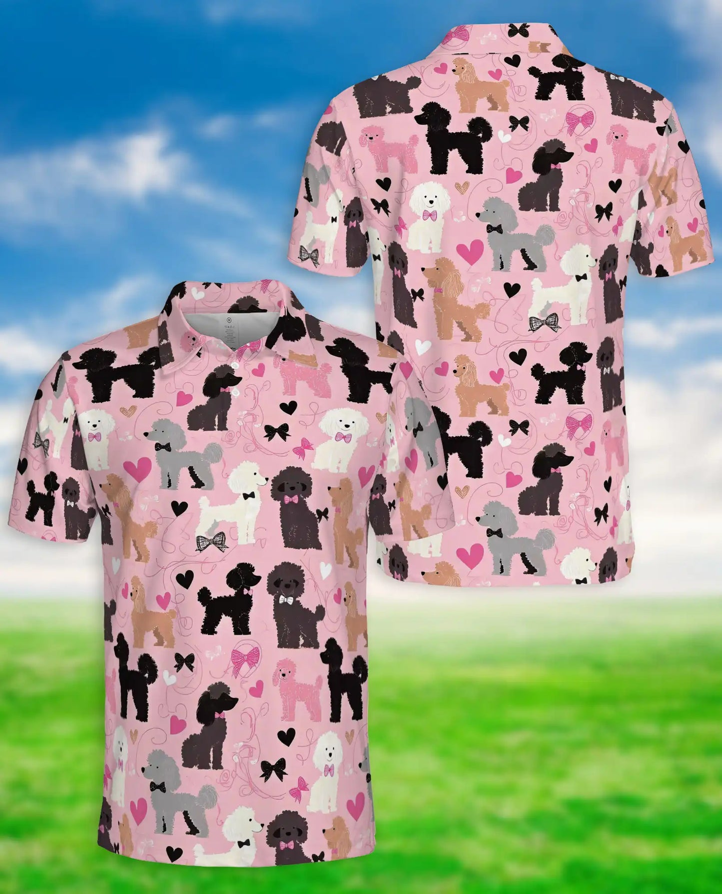 Cute Poodle Dog Lover Polo Shirt for Men - Pink Heart Pattern | Netecom