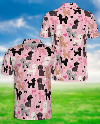 Cute Poodle Dog Lover Polo Shirt for Men - Pink Heart Pattern | Netecom