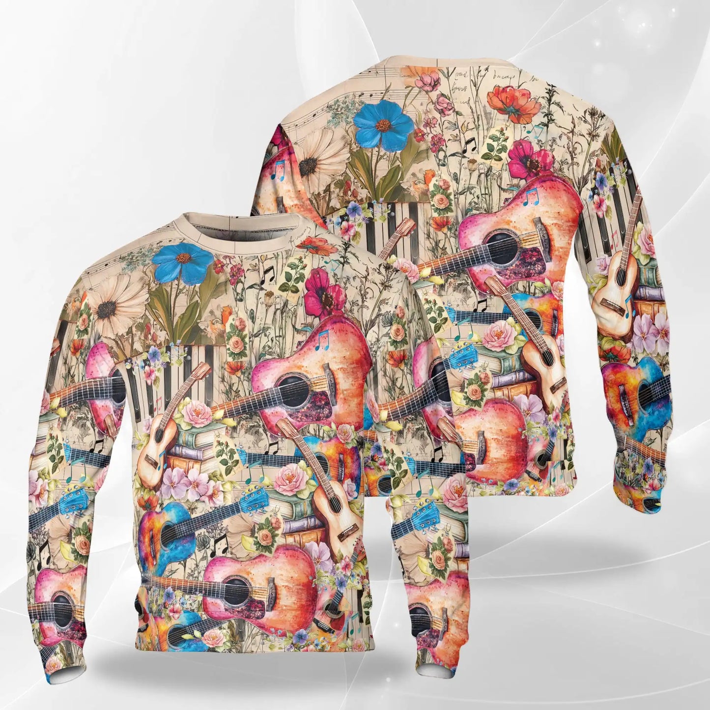 Vintage Flower Ukulele Sweatshirt, 3D All Over Print Retro Floral Music Crewneck Pullover for Men Women, Ukulele Lover Gift - Netecom