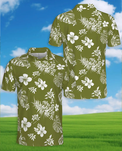 Tropical Floral Polo Shirt - Olive Green Island Style | Netecom