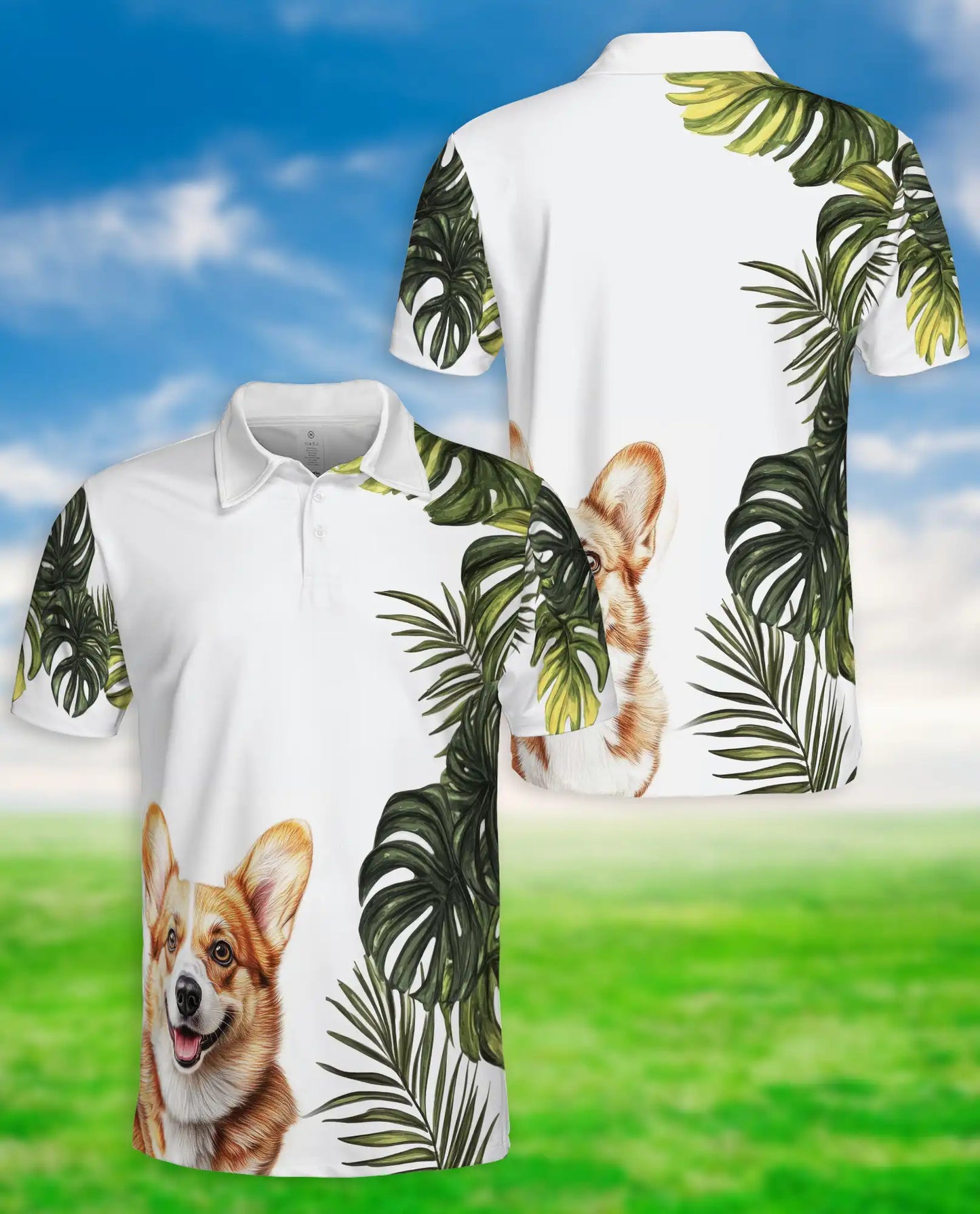 Cute Corgi Tropical Leaves 3D Polo Shirt for Men – Hawaiian Dog Lover Style | Netecom