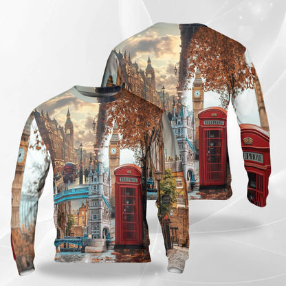 London Street Sweatshirt, 3D All Over Print Iconic City Landscape Crewneck Pullover for Men Women, UK Travel Lover Gift - Netecom
