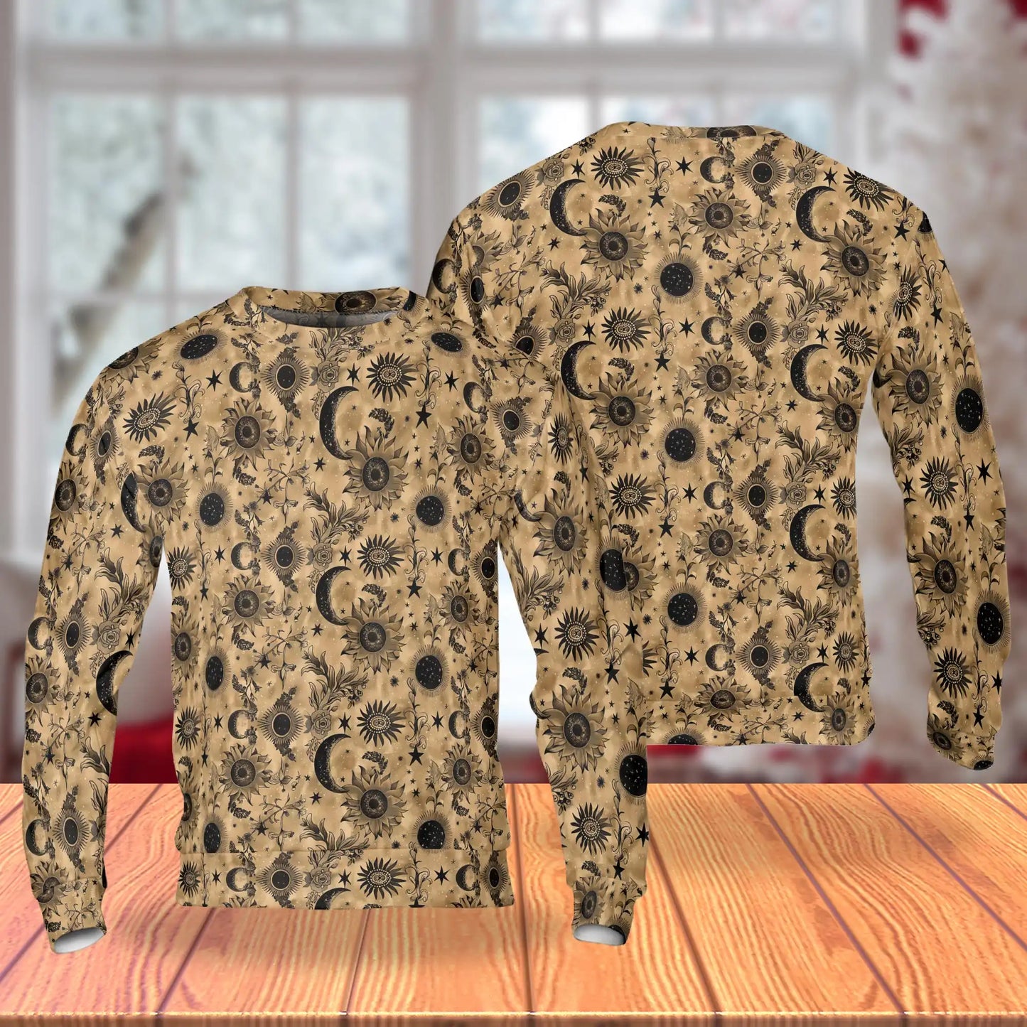 Vintage Celestial Sun Moon Stars Pattern Sweatshirt, 3D All Over Print Cosmic Astrology Crewneck Pullover for Men Women, Celestial Lover Gift - Netecom