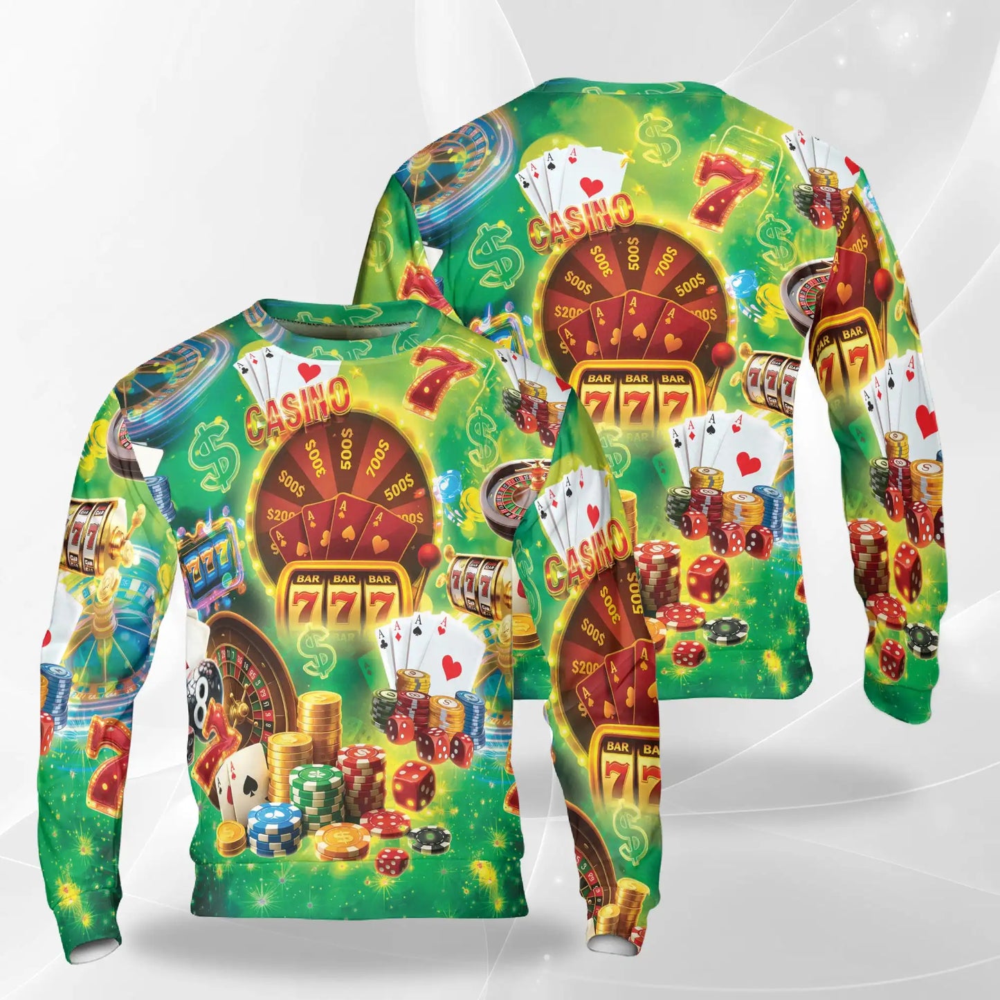 Casino Elements Pattern Sweatshirt, 3D All Over Print Poker Cards Dice Crewneck Pullover for Men Women, Casino Lover Gift - Netecom