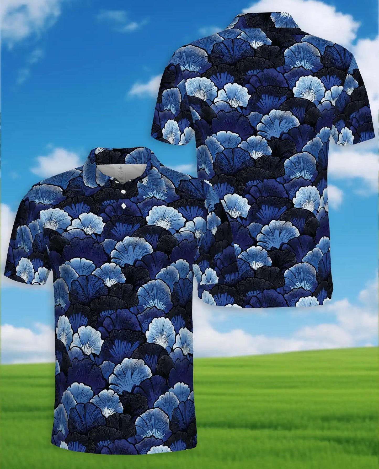 Blue Ginkgo Polo Shirt for Men – Elegant Botanical Style | Netecom