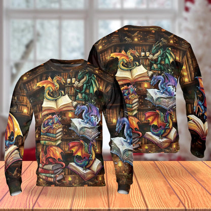 Dragon Book Sweatshirt, 3D All Over Print Fantasy Literature Crewneck Pullover for Men Women, Dragon Lover Gift - Netecom