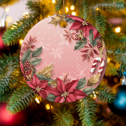 Netecom Pink Poinsettia and Holly Berries Christmas Ornament, Ceramic Candy Cane Keepsake Ornament for Xmas Tree Decorations, Gifts for Holiday, Party, Home Decor