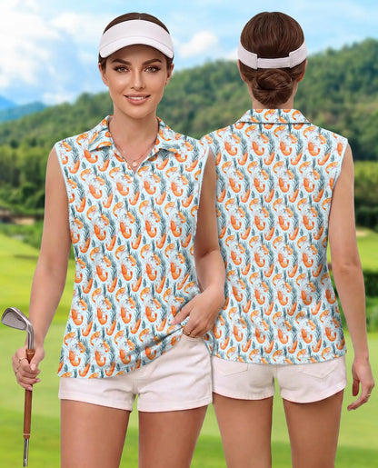 Prawn Pattern Sleeveless Polo Shirt for Women – Ocean Food Lover Style | Netecom