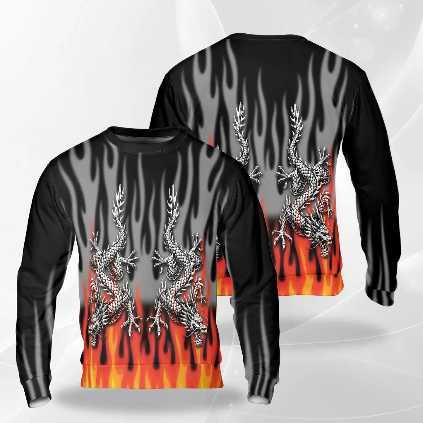 Fire Dragon Sweatshirt, 3D All Over Print Fiery Fantasy Dragon Crewneck Pullover for Men Women, Dragon Lover Gift - Netecom