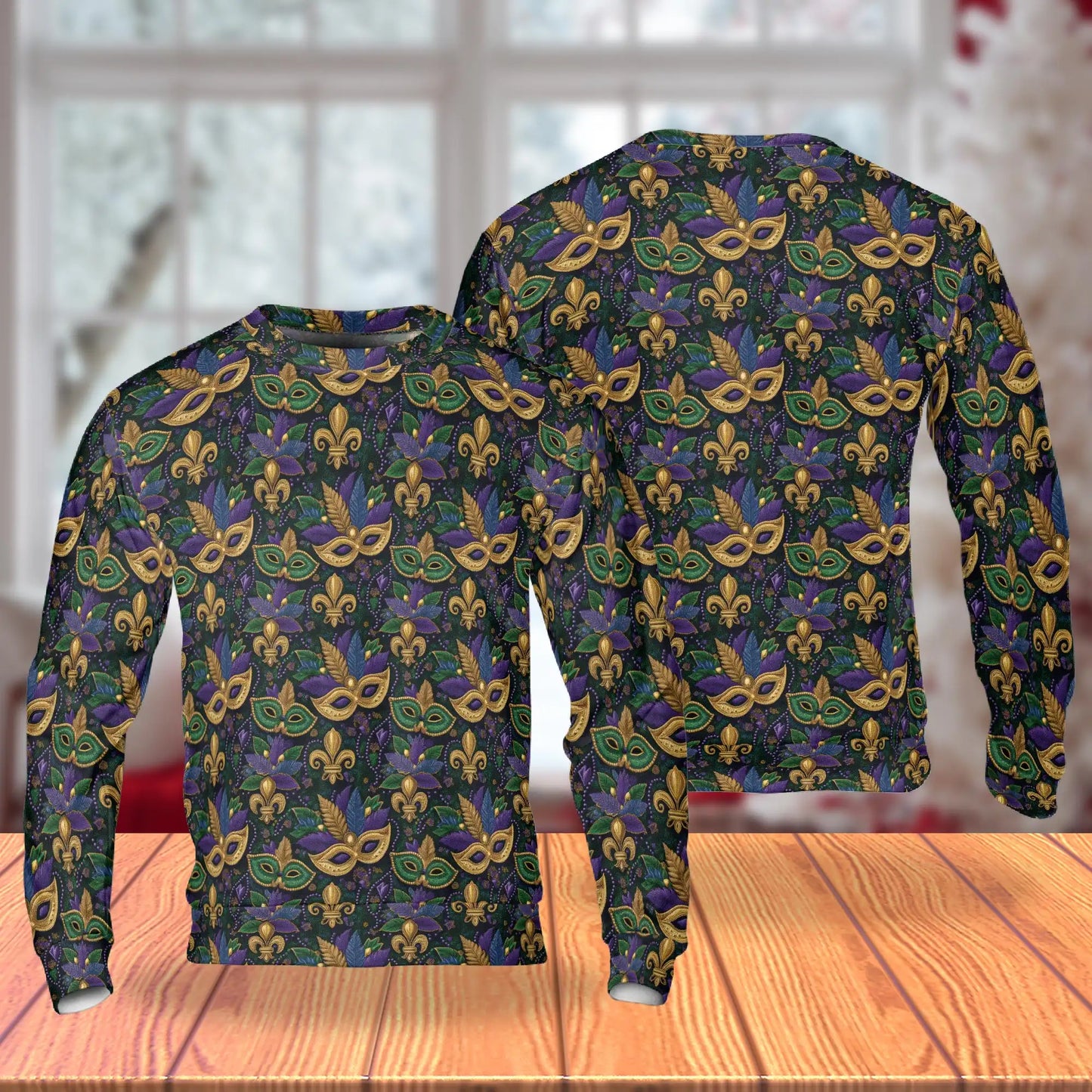 Mardi Gras Mask Pattern Sweatshirt, 3D All Over Print Carnival Celebration Crewneck Pullover for Men Women, Mardi Gras Gift - Netecom