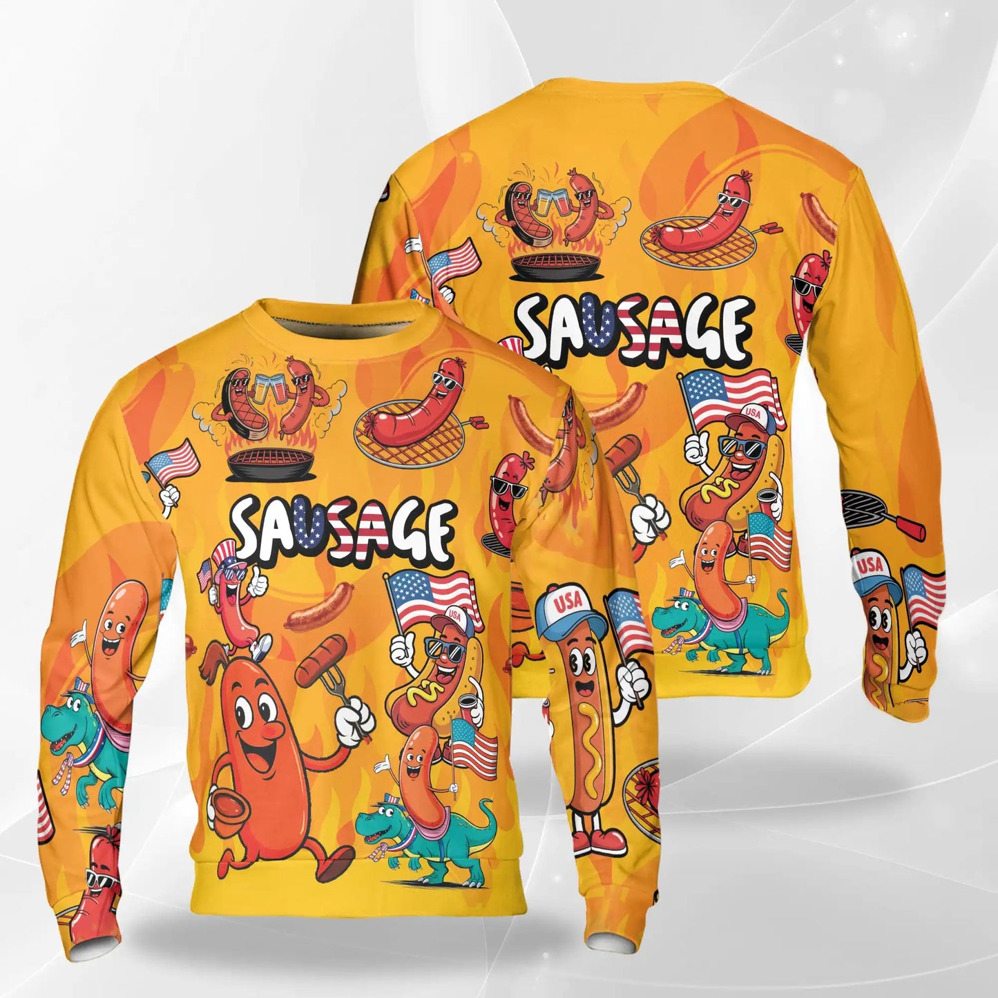 Funny Sausage Sweatshirt, 3D All Over Print Cute Food Crewneck Pullover for Men Women, Sausage Lover Gift - Netecom