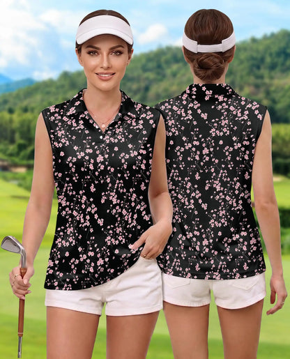 Sakura Floral Graphic Sleeveless Polo Shirt for Women | Netecom