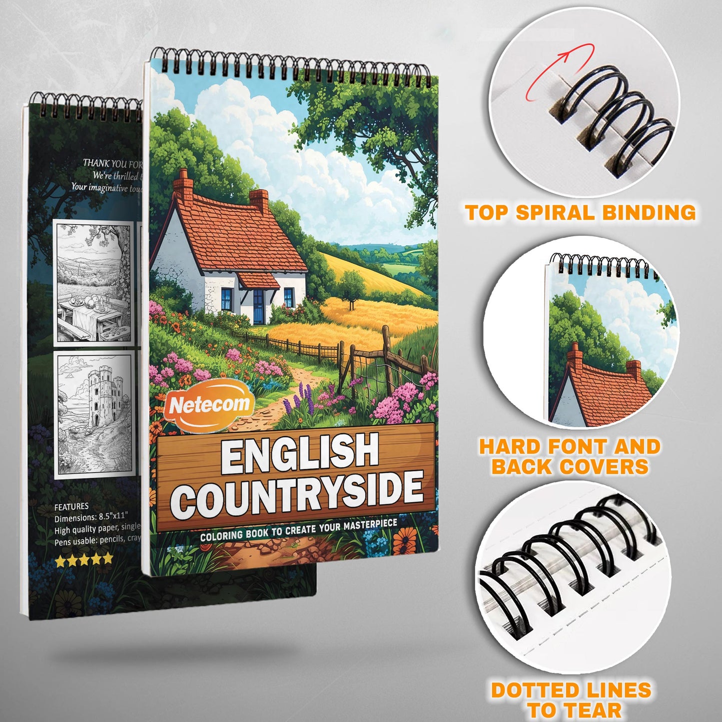 English Countryside Spiral Bound Coloring Book, Tranquil English Countryside Scenes, Ideal for Relaxation and Lovers of Rustic and Pastoral Beauty