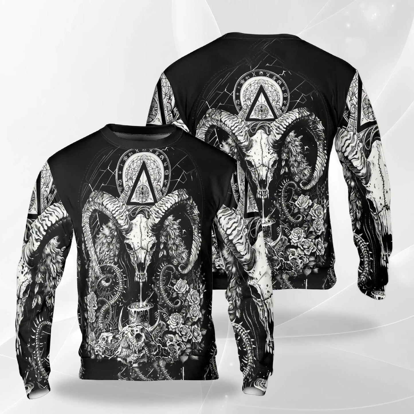Occult Goat Skull Graphic Sweatshirt, 3D All Over Print Gothic Mystical Crewneck Pullover for Men Women, Dark Art Lover Gift - Netecom