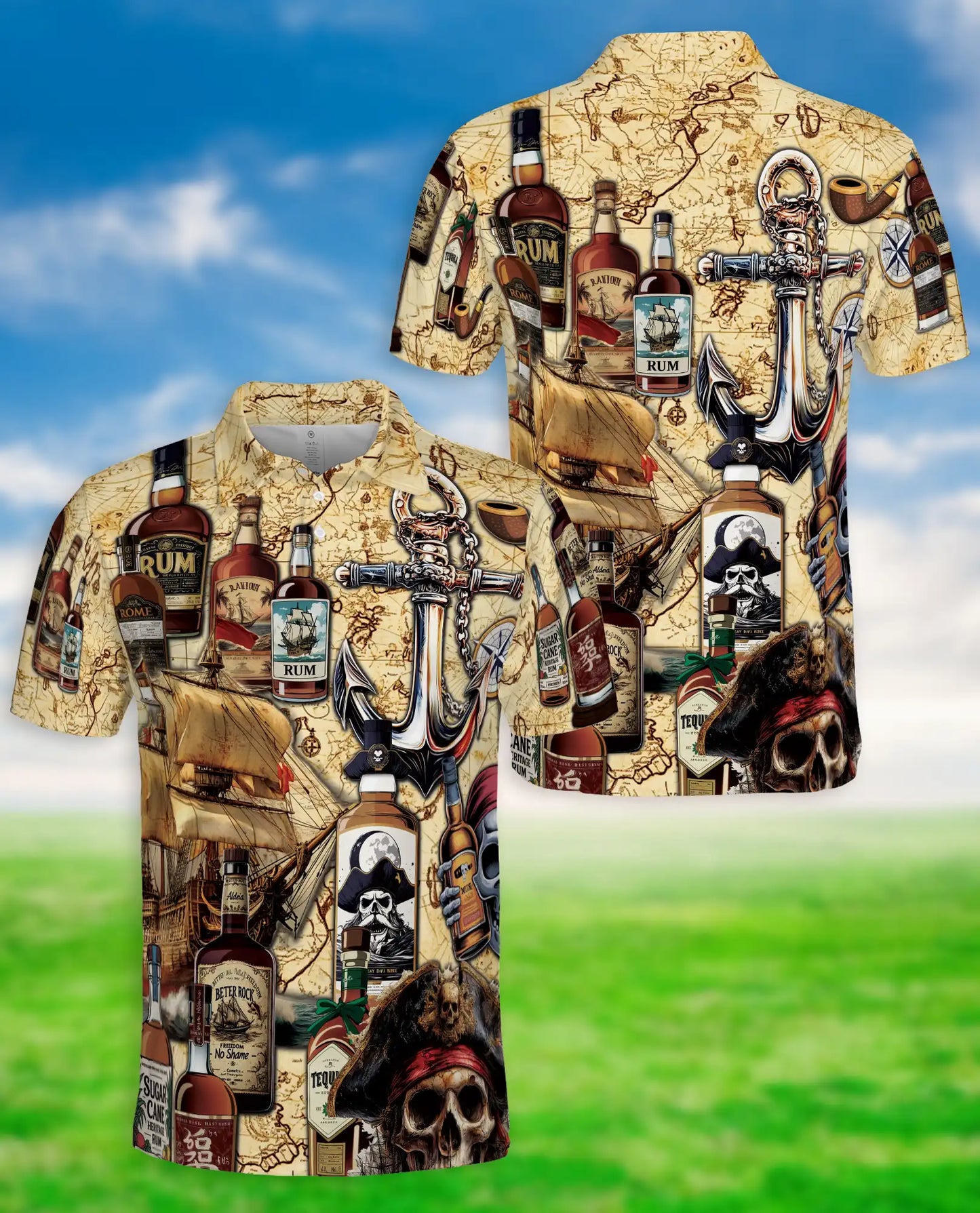 Pirate Rum Polo Shirt – Nautical Treasure Map Print | Netecom